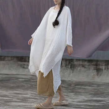 Johnature 2020 M. Nauja Baltos Spalvos Netaisyklingos Plius Dydis Derliaus Moterų Suknelės, O-Kaklo, Ilgomis Rankovėmis Vientisos Spalvos Megztinis Japonijos Suknelė Pavasario