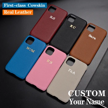 Custom Pebble Grūdų, natūralios Odos Prabangus Aukso Pradinis Pavadinimas Telefono Case Cover For iPhone 12 11 Pro Max X XS XR 7 8 7Plus 8Plus
