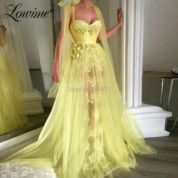 Iliuzija Geltona Prom Dresses Aplikacijos Šalis Suknelė 2019 Abiye Gece Elbisesi Tiulio Ilgos Suknelės Vakare Abendkleider Užsakymą