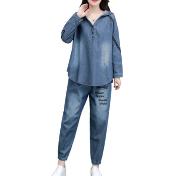 2020 m. rudenį moterų mados laišką siuvinėjimo džinsinio audinio gobtuvu viršūnes +džinsai, kostiumai moterų derliaus laisvi džinsai dviejų dalių rinkiniai