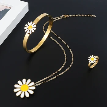 Prabanga Daisy Gėlių Bangle Apyrankės Emalio Žiedas Žavesio Gėlių Karoliai Pakabukas Moterų Balta Saulėgrąžų Dizaino Papuošalų Rinkiniai