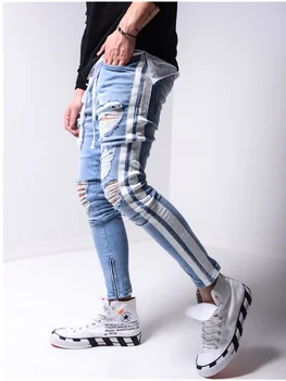 Vyrai Pieštuku Kelnės Slim fit Kelio Skyles hip-hop liesas džinsus mados Pusėje balta juostele Nelaimę Kankina Ruožas Streetwear Džinsinio audinio
