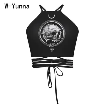 W-Yunna 2019 Naujas Vasaros 3d Spausdinimo Pasėlių Viršuje Moterų Kaukolė/Moon/Žemės Spausdinti Harajuku Juoda Bako Viršuje Seksualus Streetwear Apkarpytos Feminino