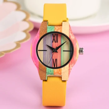 Candy Geltonas Spalvingas Medienos Žiūrėti Aukščiausios Prabangos Moterų Suknelė Unikalios Bambuko Žiūrėti Kvarciniai Laikrodžiai Merginų, Moterų Paprastas Laikrodis