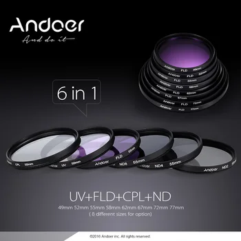 Andoer 52mm Objektyvo Filtro Rinkinys UV+CPL+FLD+ND(ND2 ND4 ND8) su Atlikti Maišelis / Objektyvo Dangtelis /Bžūp Laikiklis/Tulpių ir Guma Objektyvas Gaubtai (traukos spintos) /Audinys