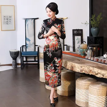 Kinijos Raudona Gėlė Moterų Cheongsam Derliaus Mygtuką Seksualus Qipao Suknelė Moterims Klasikinis Naujovė Ilgai Vestidos Kinijos Suknelės