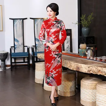 Kinijos Raudona Gėlė Moterų Cheongsam Derliaus Mygtuką Seksualus Qipao Suknelė Moterims Klasikinis Naujovė Ilgai Vestidos Kinijos Suknelės