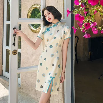 FZSLCYIYI Kinijos Moterų Qipao Trumpas Stiliaus Cheongsam Moterų Tradiciniai Šilkiniai Satino Suknelė Oficialią Šalies Suknelė Vestidos Dydis 3XL