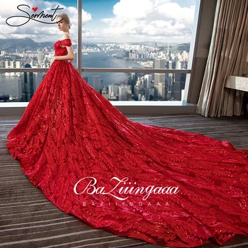 BAZIIINGAAA Vestuvių Raudona Plunksna Prabangus Modelis, Išskirtinis Dizainas Vienas Žodis, Pečių, Rankų darbo Nėriniai Didelis Nėščia Vestuvinė Suknelė