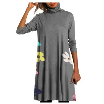 Rudenį, Žiemą, Moterų Ilgas Rankovėmis Golfo Prarasti Mini Suknelė Elegantiškas Atsitiktinis marškinėliai Suknelė Plius Dydis Derliaus Šiltas Spausdinti Suknelės