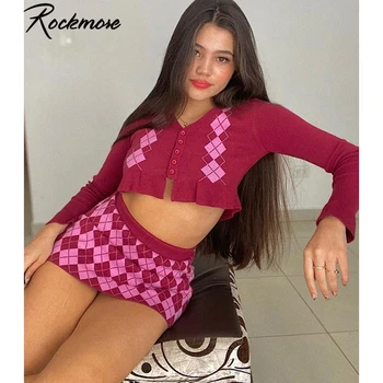 Rockmore Argyle Pledas Dviejų Dalių Rinkinys Moterims Sijonas Ir Viršuje Megztiniai Mygtuką Iki Ilgomis Rankovėmis Sportiniai Kostiumai Bodycon Raudona Apranga Streetwear