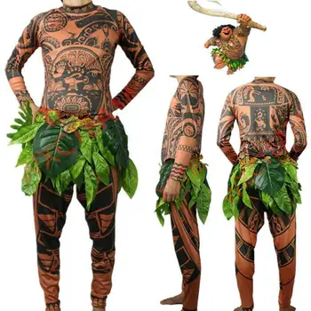 3PCS Moana Maui Tatuiruotė Marškinėliai+Kelnės Helovinas Suaugusiųjų Mens Cosplay Kostiumas Apranga