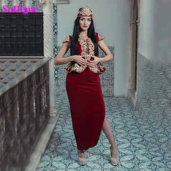 SoDigne Vakaro Suknelės Alžyras Karakou Bordo Prom Oficialią Suknelės Aukso Nėriniai Siuvinėjimo Ritininės Arabų Vakare Chalatai Peplum