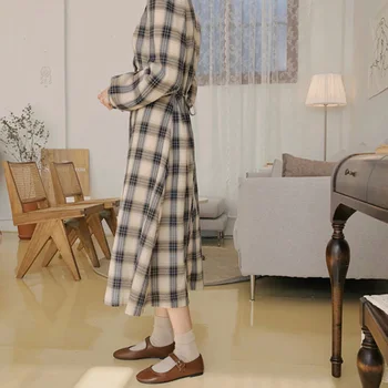 Cotday V-Kaklo, Ilgomis Rankovėmis Single-Breasted Pledas 2020 M. Rudens-Line Korėjos Temperamento Moteris Elegantiška Vintage Vidurio Blauzdos Suknelė