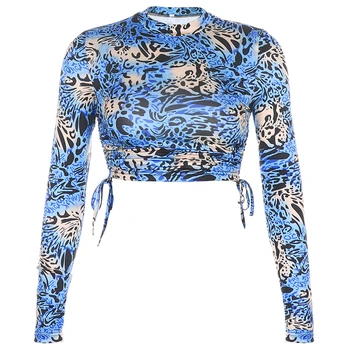 Moteris Tshirts Blue Leopard Print Apkarpytos T-Shirt Apkarpyti Viršūnes Rudenį Ilgomis Rankovėmis, O Ant Kaklo Viršūnes Streetwear Marškinėlius Harajuke E Mergina Viršūnės