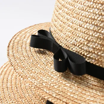 USPOP moterų šiaudų saulės skrybėlę flat top natūralių kviečių šiaudų skrybėlę moterys vasarą lankas-mazgas paplūdimio skrybėlę