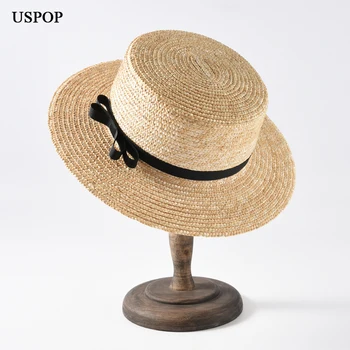 USPOP moterų šiaudų saulės skrybėlę flat top natūralių kviečių šiaudų skrybėlę moterys vasarą lankas-mazgas paplūdimio skrybėlę