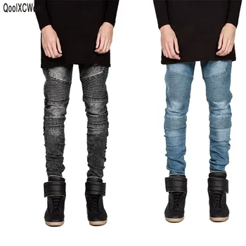 QoolXCWear Mens Liesas džinsus kilimo ir tūpimo Tako Susikrimtęs plonas elastinga džinsinio džinsus Dviratininkas džinsai hiphop kelnes Plauti black jeans vyrams mėlyna