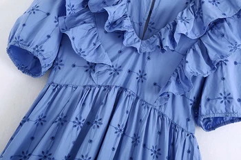 2020 Naujų Rudens Moterų Suknelė Vintage Prarasti Aukšto Juosmens Elegantiškas Tuščiaviduriai Iš Siuvinėjimas V-kaklo Sluoksniuotos Rankovėmis-Line Ilga Suknelė