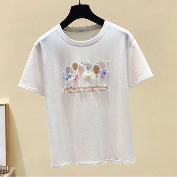 Perlai Duobute Trumpas Rankovės Atsitiktinis Laisvi marškinėliai Moteriška Medvilnės Harajuku Tshirts 2020 Metų Vasaros korėjos Moterų Drabužiai Plius Dydis Viršūnės