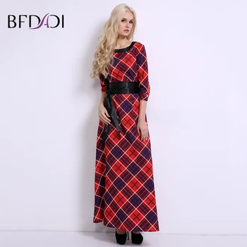 BFDADI Prekės ženklo moterys pledas spausdinti ilga suknelė rusijos stiliaus moterų Atsitiktinis palaidų Su diržais Maxi suknelė vestidos vasaros suknelė BF032