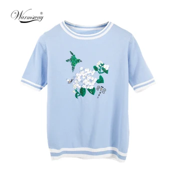 Europa, Mados Vasaros 2021 Gėlių China Siuvinėjimo Megzti Marškinėliai Moterims Trumpomis Rankovėmis Viršūnes Briaunoti Tee Dryžuotas Puloveriai B-017