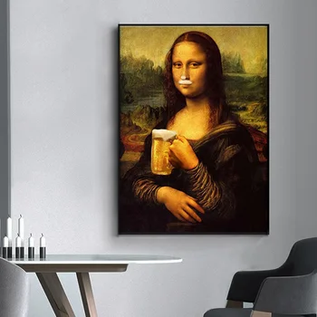 Abstrakti Klaidingą Įdomus Mona Lisa Gerti Alaus Meno Tapybos Drobės Plakatai ir Spausdinimo Sienos Meno Nuotrauką Kambarį Namų Dekoro