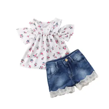 Emmababy 2019 Naujagimis Vaikas Baby Girl Off Peties Gėlių T-shirts Džinsinio audinio Kelnės Šortai Komplektai