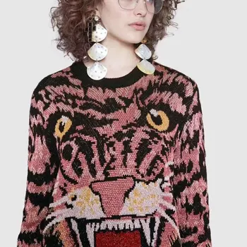2019 M. Pavasarį Atsitiktinis Mezgimo Tigras Modelio Megztinis Moterims Rožinė Puloveriai) Su Ilgomis Rankovėmis Žiemos Mados Megztiniai