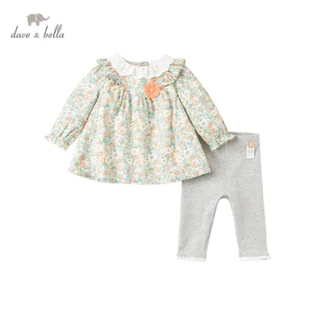 DBM16823 dave bella pavasario kūdikių mergaičių mielas gėlių appliques drabužių rinkiniai vaikams mados ilgomis rankovėmis komplektai vaikams 2 vnt kostiumas