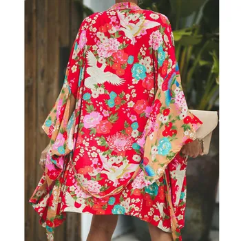 2021 Mados Moterų Atsitiktinis Megztinis Boho Gėlių Atidaryti Žaliojo Atsitiktinis Kailis Paplūdimio Prarasti Floros Spausdinti Palaidinė Viršūnes kimono Ilgas Megztinis