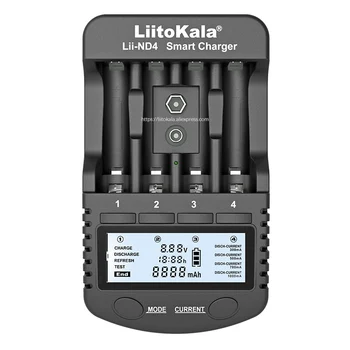 LiitoKala Lii-ND4 NiMH/Cd įkroviklis LCD Ekranas ir Bandymo baterijos talpa 1,2 V AA, AAA ir 9V baterijos.