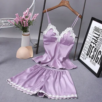 Korėjos Saldus Camisole Pižama Moterims Vasaros Seksualus Satino Pižamos, Šortai 2 Dalių Komplektas Sleepwear Naktiniai Drabužiai