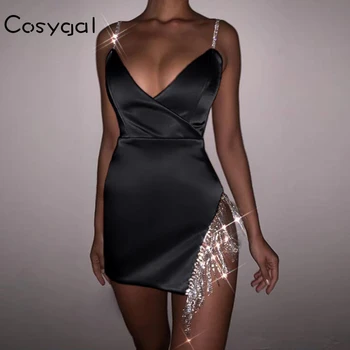 COSYGAL 2020 Spageti Dirželis Žemų dažnių Seksualus Vasaros Suknelės Moterims Naktį Šalies Suknelė Pusėje Atspindintis Deimantų Klubas Suknelės Vestidos