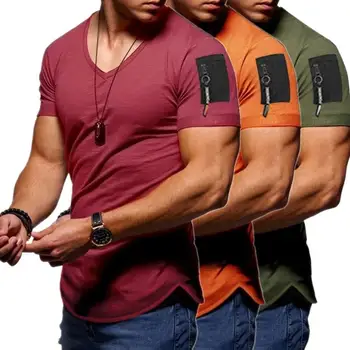 Vasaros trumpas rankovėmis užtrauktukas atsitiktinis marškinėliai Vyrams, Atsitiktinis V-Kaklo Mados Bodybulding T-Shirt Mens Fitneso Streetwear Tees Viršūnės
