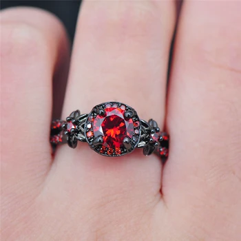 Mados Moterų Gėlių Kristalų Papuošalai Klasikinis Juodojo Aukso Sužadėtuvių Žiedai Moterims Prabanga Nuotaka Raudonos Apvalios Cirkonis Vestuvių Žiedas
