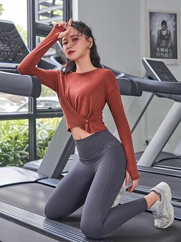 Plonas liesas sporto top moterų elastinga stora ilgomis rankovėmis drabužius jogos gimnastikos net raudona mokymo veikia drabužių rudens