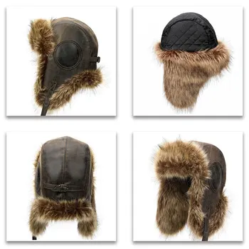 Hat 2019 Žiemos Dirbtinė Oda Skrybėlės Vyrai Moterys Pilotas Aviator Dirbtiniais Kailiais Black Hat Sniego Kepurė Su Earmuffs Geriausios Dovanos Berniukams
