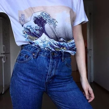 PUDO HJN Vasaros Unisex Tumblr Mados Hokusai Japonų Tapyba Pagal Banga Off Kanagawa Baltos spalvos Marškinėlius trumpomis Rankovėmis Medvilnė Tee