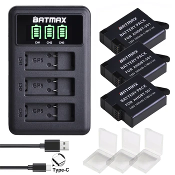 Batmax 3Pcs Baterija GoPro Hero 7 Herojus 6 Herojus 5 Juoda Kameros (1600mAh) + LED 3Slots USB Įkroviklį, su C Tipo Prievadas
