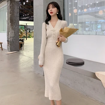 Korėjos Stiliaus V-kaklo Apvalkalas Suknelė Moterų 2019 M. Rudenį Naujų Kietas ilgomis rankovėmis Aukštos Juosmens Ploni Megztiniai (Per kelio Moterų Suknelė