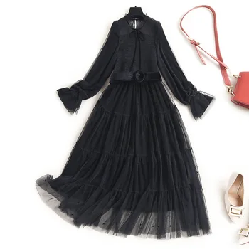 Moterų vintage mados polka dot tinkleliu suknelė naują 2021 m. pavasarį elegantiškas kratinys aksomo ilgomis rankovėmis suknelės korsetas juoda
