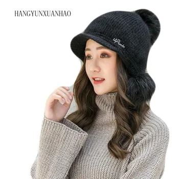 Žiemos Skrybėlės Moterims Natūralių Kailių Pompom skrybėlę Šiltas Triušio plaukų Slouchy Beanies Moterų Mados Skullies Lady Skrybėlės 2019