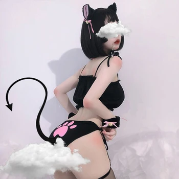 Moterų Lolita Sexy Katė Pervėrė Kawaii Animacinių filmų Catwoman Cosplay Bra+G-string+Bell Apykaklės Sleepwear Seksualus apatinis Trikotažas Nustatyti, Kambarinės Apranga