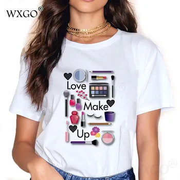 Make Up Mano Ast Print T Shirt Moterims, Kvepalų, Kosmetikos, T-marškinėliai Atsitiktinis Šviežių trumpomis Rankovėmis Viršūnes Marškinėlius 90-ųjų Moterų korėjos Tees