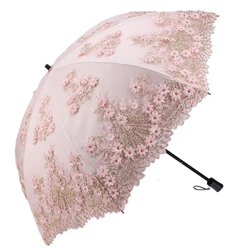 Dviguba apsaugos nuo Saulės, Skėtis UV Apsauga Nėrinių Gėlių Siuvinėjimas, skėtis, lietus moterų mini skėtis Lankstymo Dvejopo naudojimo Saulės Skėtis