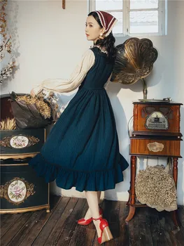 Prancūzija Vintage Suknelė Dirbtiniais Dviejų Dalių Kratinys Tamsiai Mėlynos Ir Baltos Spalvos Dryžuota Suknelė