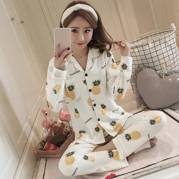 Plius Dydis Medvilnė Pajama Rinkinys Moterims 2019 M. Pavasarį, Rudenį ilgomis Rankovėmis Ananasų Spausdinti Pyjama Sleepwear Homewear Pijama Mujer