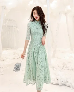Kinijos vestuvių vakaro šalis, nėriniai aodai stiliaus qipao suknelė