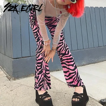 Y2K EGIRL Pastelinių Goth Zebra Spausdinimo Rožinės Kelnės Punk Estetika, Vidutinio Juosmens, Palaidi Tiesios Kelnės 90s Streetwear Rudenį Kelnės